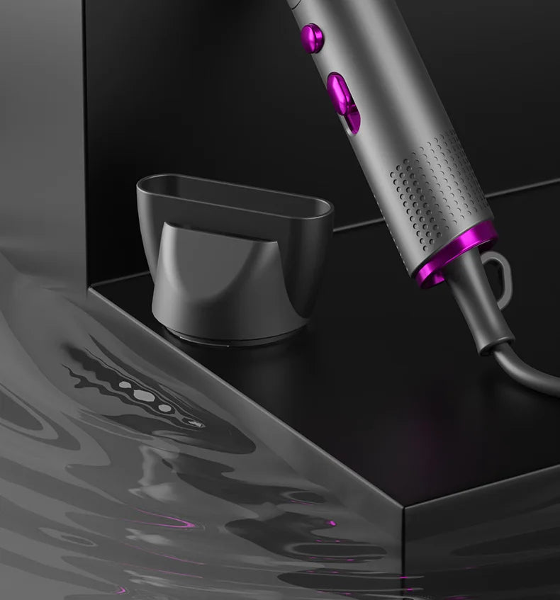 2400W foldable hair dryer in grey with purple accents, featuring a concentrator nozzle for professional styling.