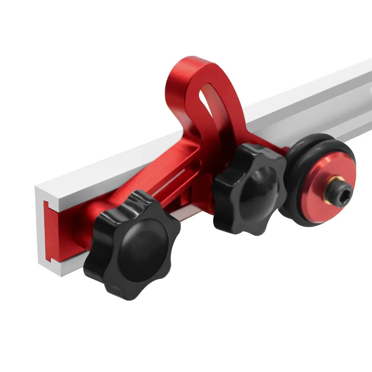 Red stock guide roller assembly with black adjustment knobs and mounting base