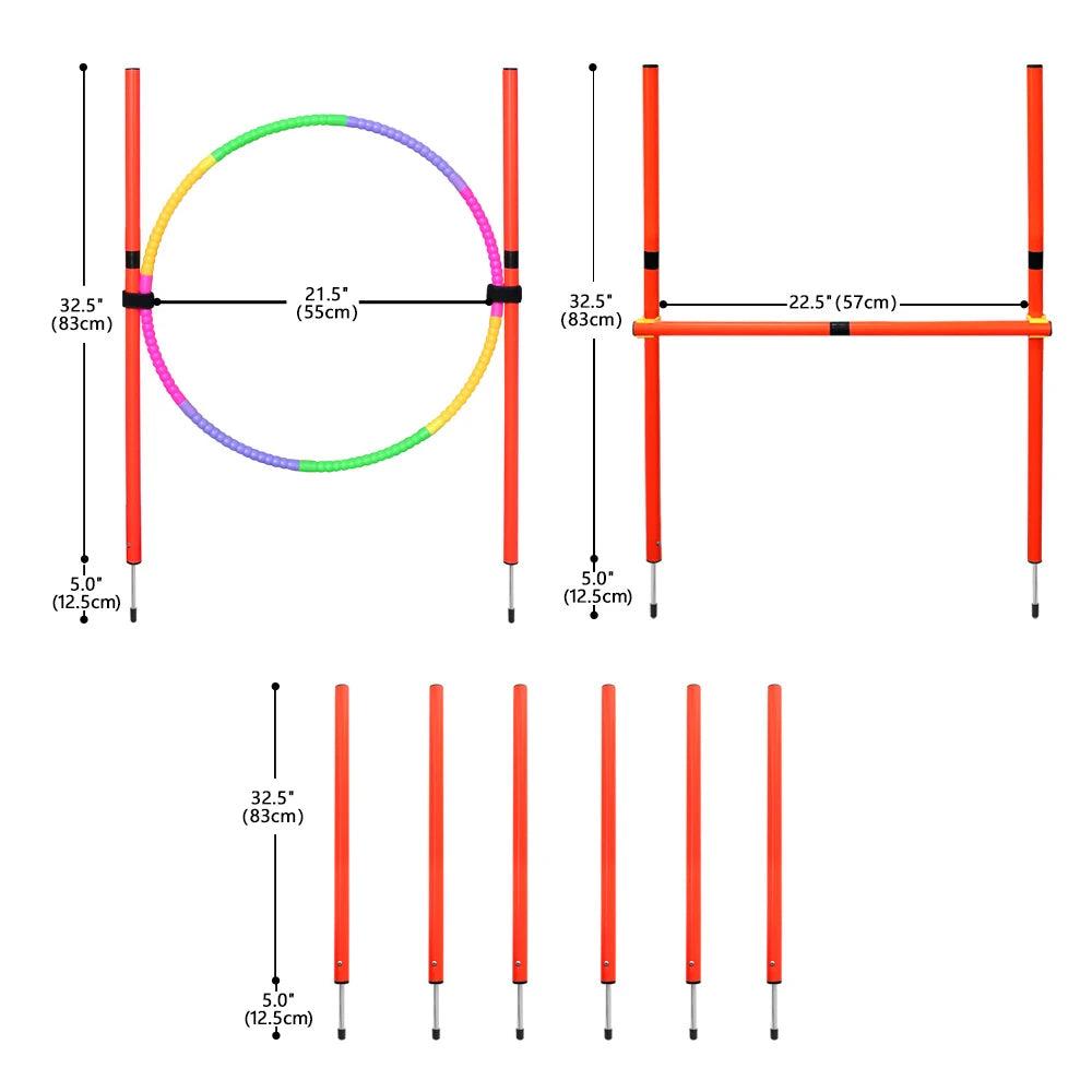 Portable dog agility training set with orange jumping hurdles and multi-color hoop for outdoor pet exercise and play.