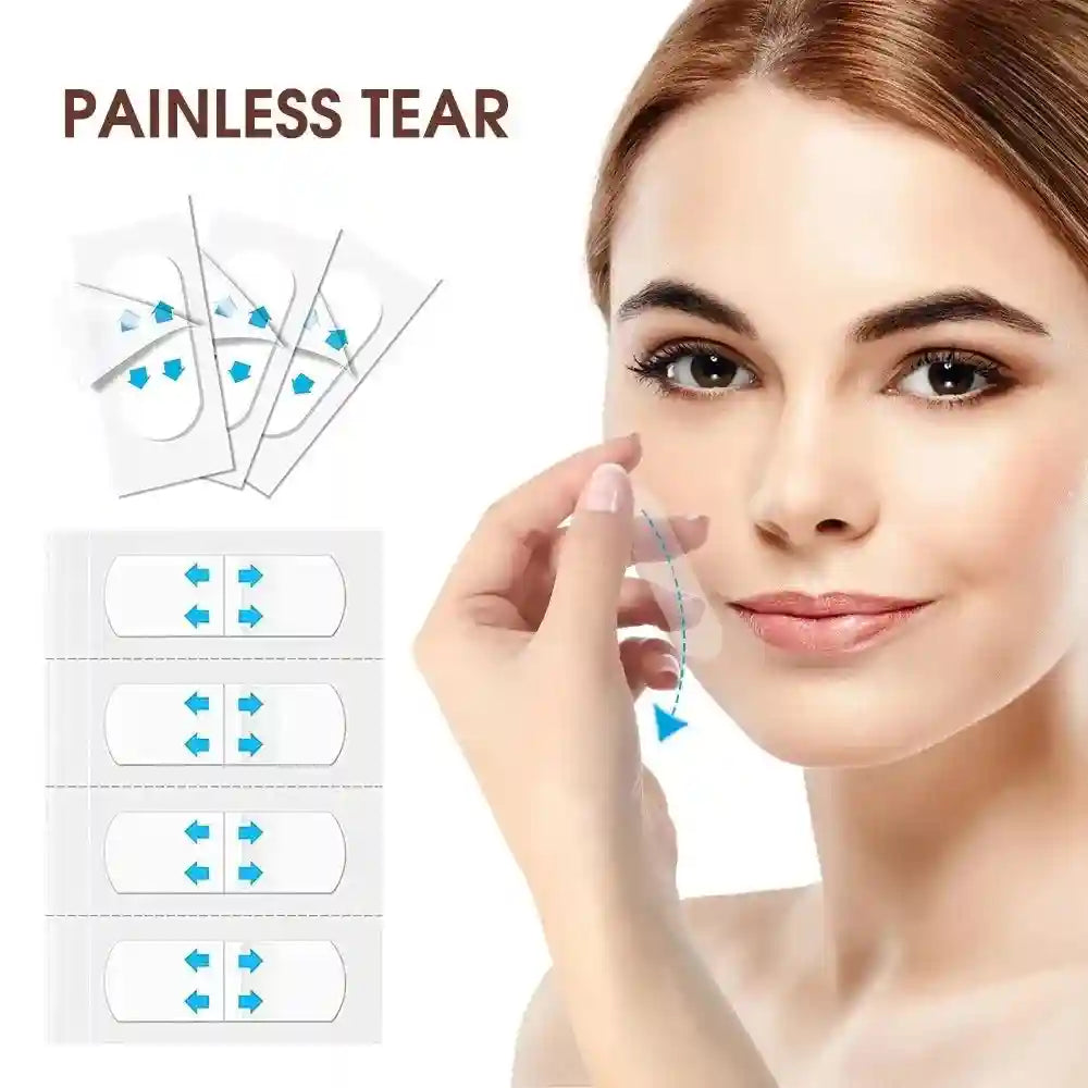 Transparent V-shape adhesive face lifting patches shown on a woman's cheek and in individual packaging.
