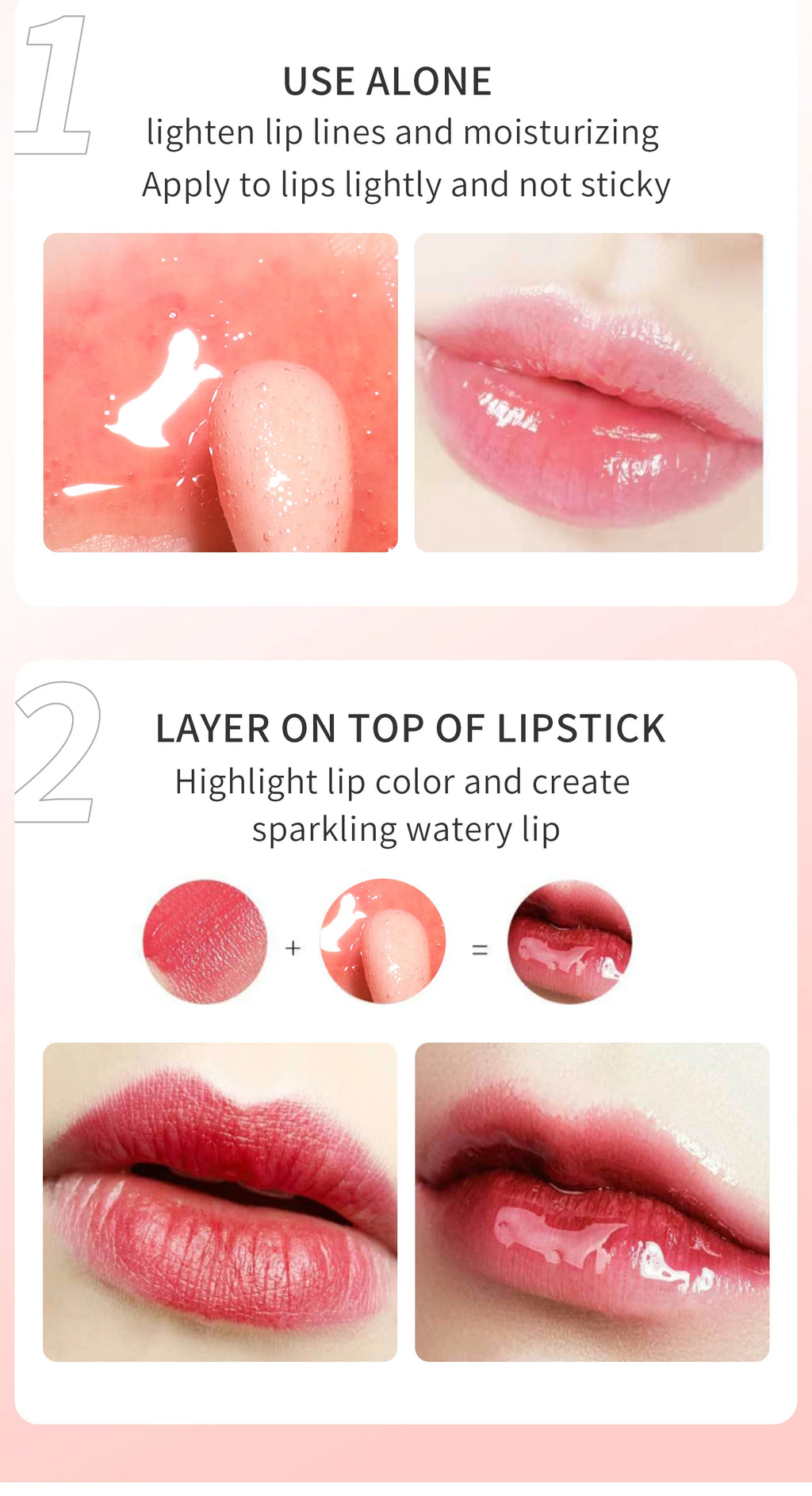 Crystal jelly moisturizing lip oil: a non-sticky, plumping lip gloss for a high-shine, tinted, and watery makeup look.