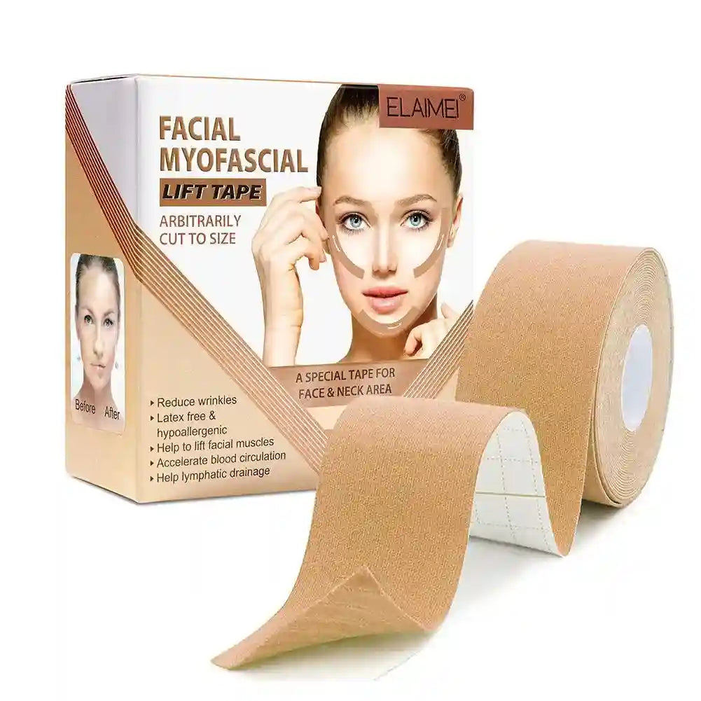 Beige roll of facial myofascial lift tape next to its product box featuring a woman and usage instructions.