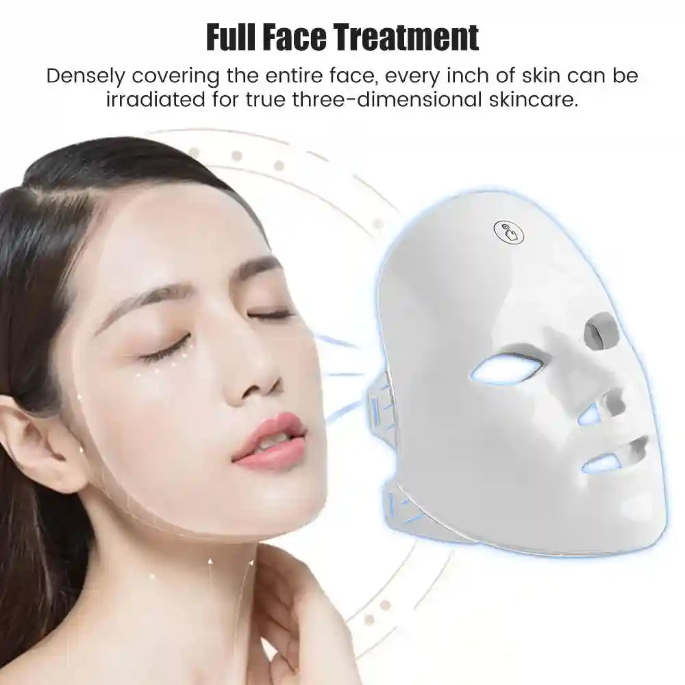 White LED facial mask for light therapy skincare, shown next to a woman’s face to demonstrate full coverage.