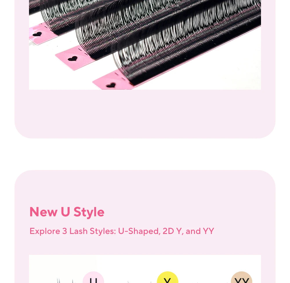 Black U-shaped YY eyelash extensions on pink strips with heart icons, designed for professional application.