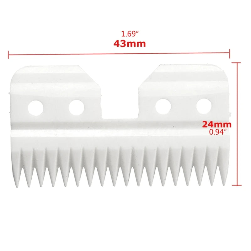 White ceramic A5 pet clipper replacement blade, 43mm x 24mm, for sharp, cool, and efficient pet grooming.