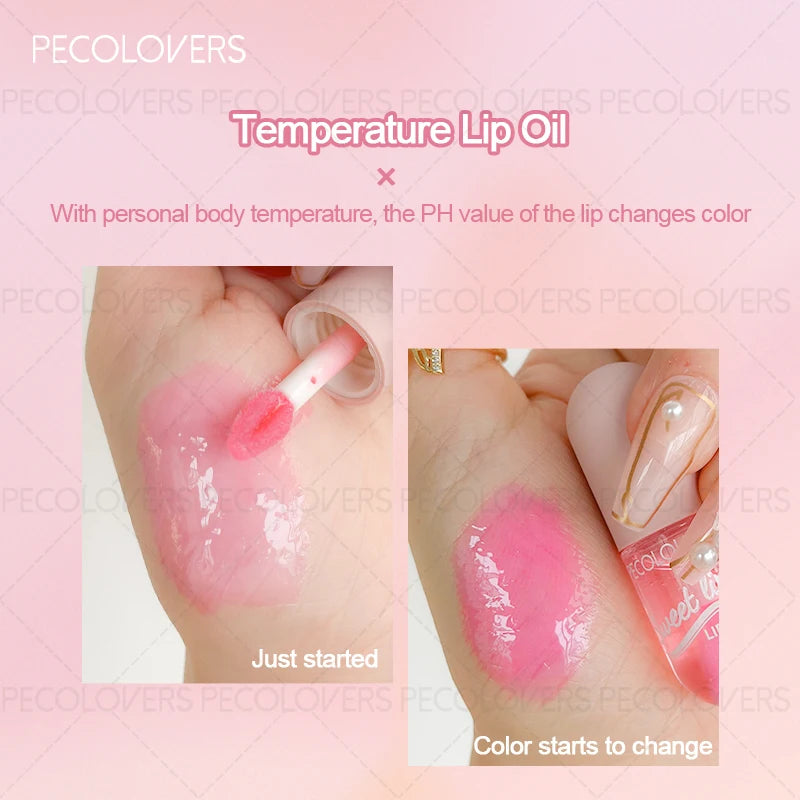 Moisturizing temperature-changing lip oil with a glossy, pink, fruity texture for long-lasting, plump lip makeup.