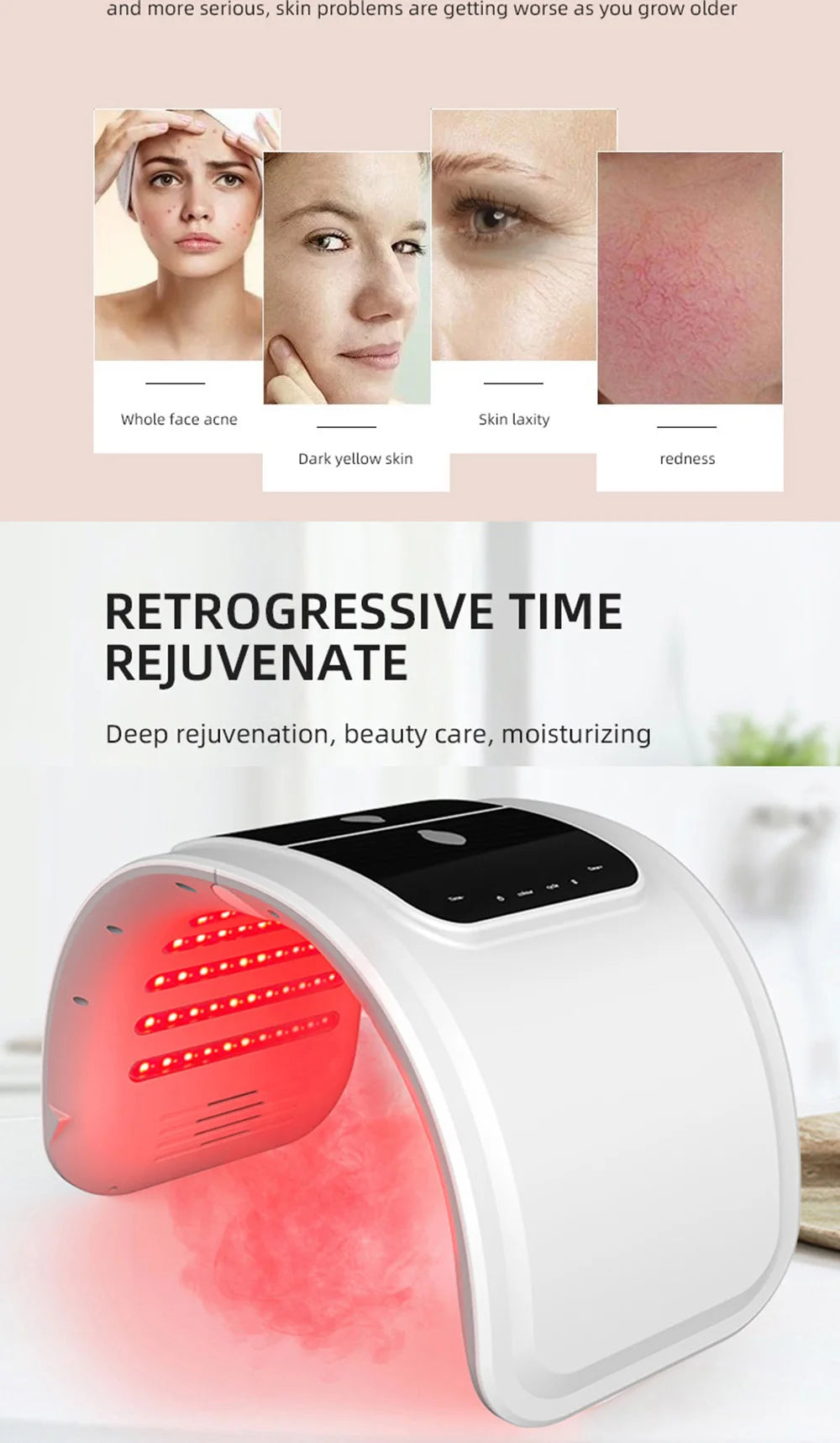 White arched LED facial therapy device emitting red light, with a top digital control panel.