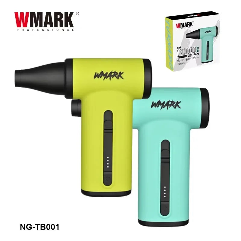 WMARK NG-TB001 portable 130,000 RPM turbo jet fan hair dryer in lime and mint green with nozzle attachments.