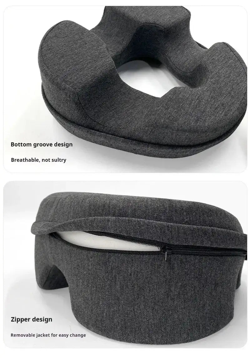 Grey charcoal salon massage pillow with a U-shaped design, bottom groove, and a zippered removable cover.