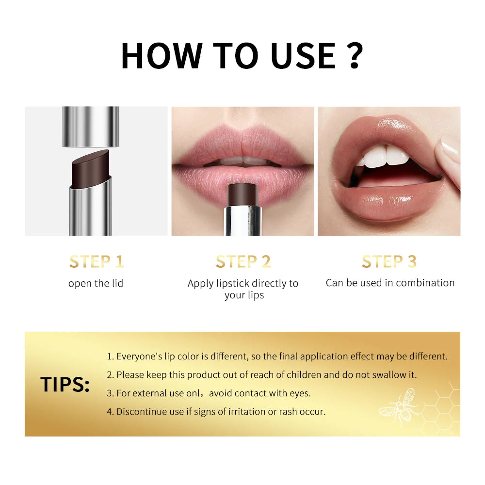 How to use brown honey lipstick guide: shows application of glossy, moisturizing, non-stick tinted lip balm for plump lips.