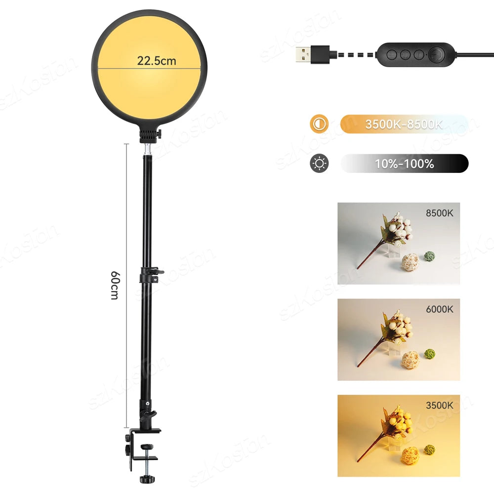 22.5cm circular LED ring light on a 60cm adjustable desk-mount stand with USB power controller for photography.