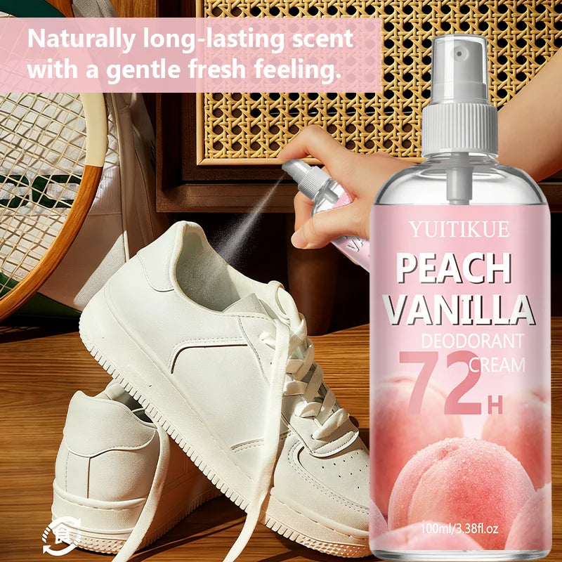 Tidesmit Peach Vanilla 72H long-lasting deodorant spray for feet and shoes, eliminating odor with a fresh scent.