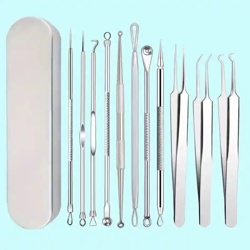 An 11-piece set of silver stainless steel acne and blackhead extraction tools with a matching storage case.