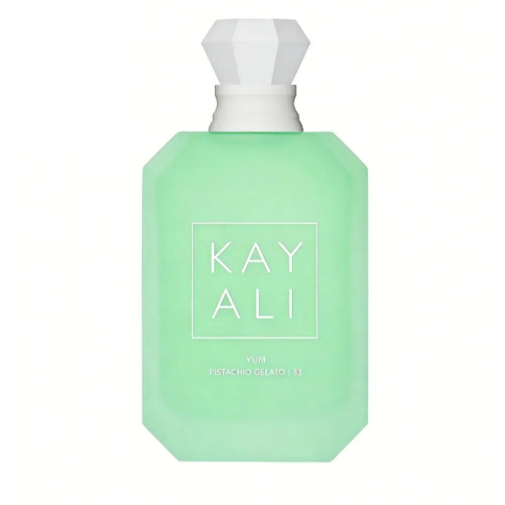 Kayali Yum Pistachio Gelato 33 perfume: unisex green bottle with faceted cap, sweet gourmand notes, 100ml EDP fragrance.
