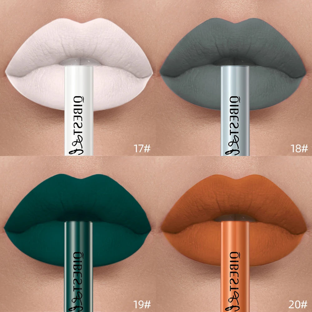 QIBEST velvet matte liquid lipstick set featuring bold white, grey, green, and orange nonstick lip makeup shades.