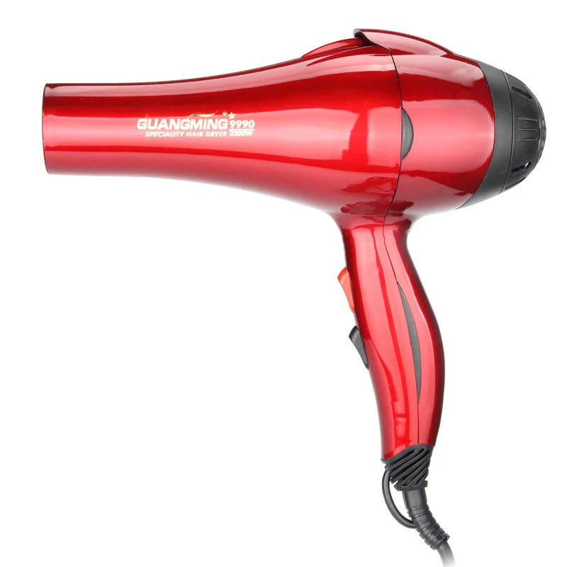 Shiny red 2300W professional salon hair dryer with long cord, ergonomic handle, and nozzle for fast drying.