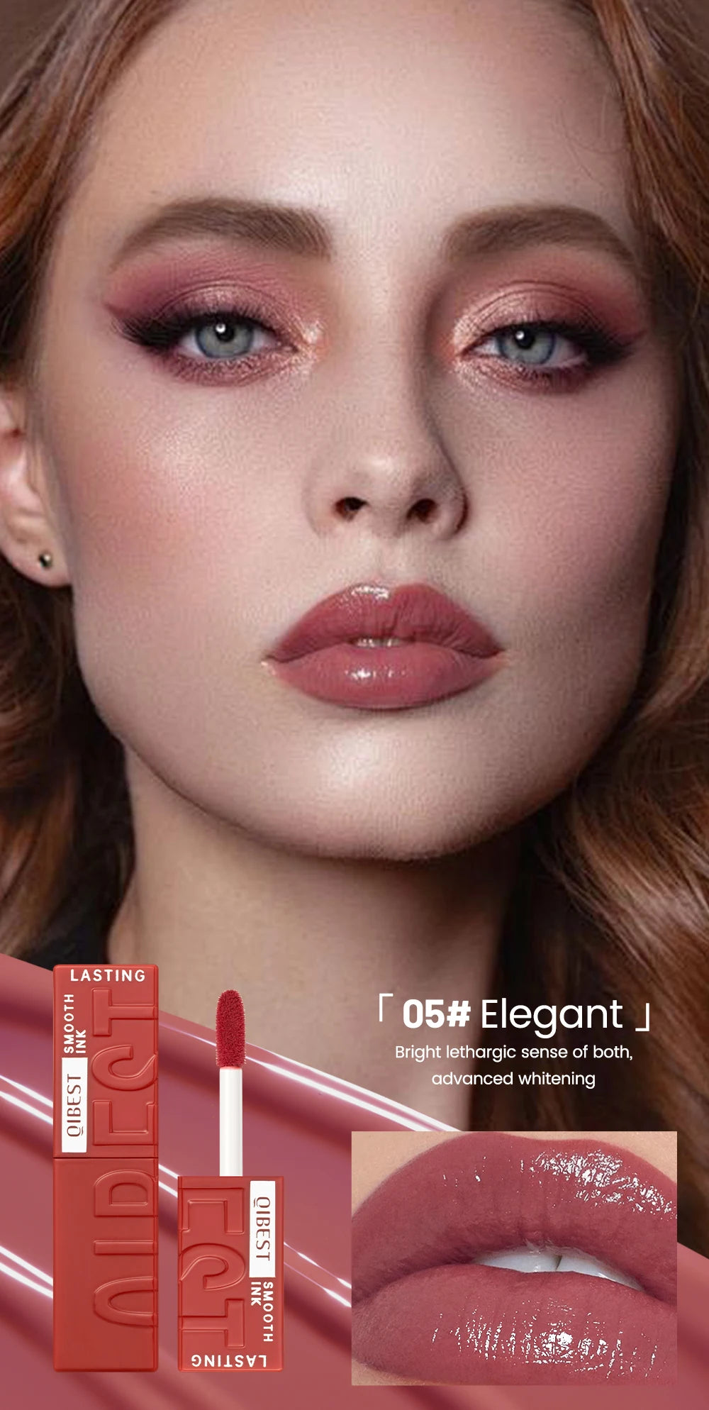 QIBEST glossy liquid lipstick, shade 05 Elegant. Long-lasting, moisturizing mirror-finish mauve lip glaze makeup.