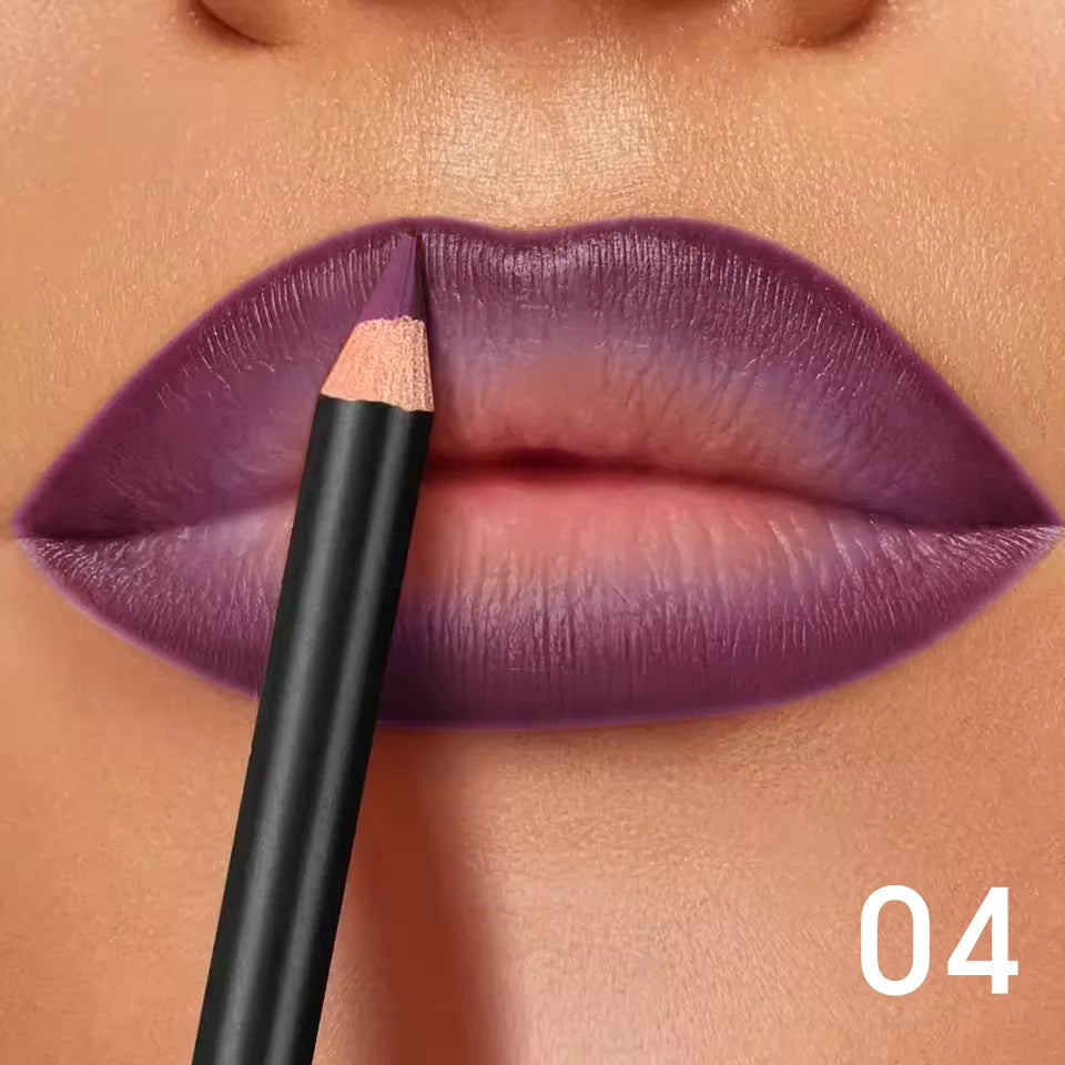 Waterproof purple matte lip liner pencil being applied to lips for a long-lasting, non-transfer, full-coverage look.