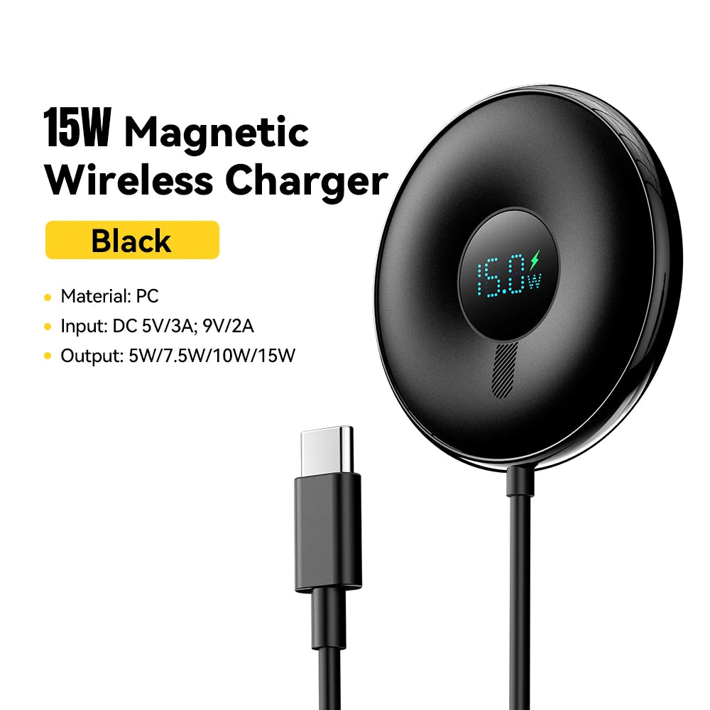 Magnetic 15W Wireless Charger with Digital Display for iPhone 15W Black CN Tidesmit