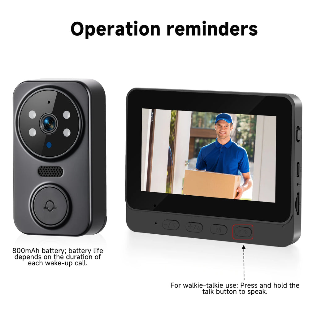 Podofo 4.3inch IPS Screen Wireless Doorbell Night Vision Intercom Video Monitor Video Two-way Intercom Doorbell Ring Door Camera