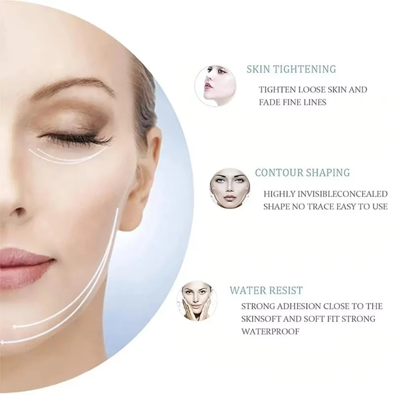 Woman's face showing placement of transparent, adhesive V-shape lifting tapes with text explaining skin tightening.