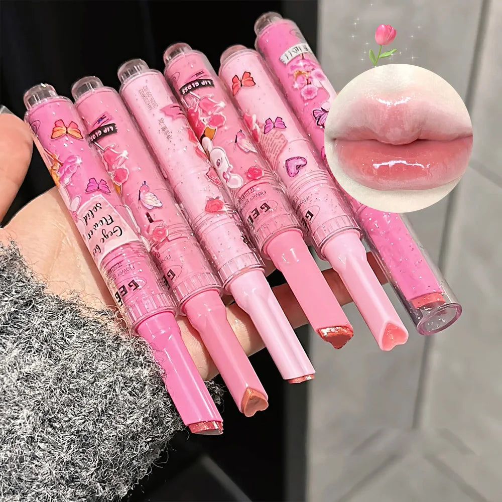 Gege Bear Garden pink rabbit moisturizing lip balm tubes with heart-shaped tips for a glossy, watery lip makeup finish.