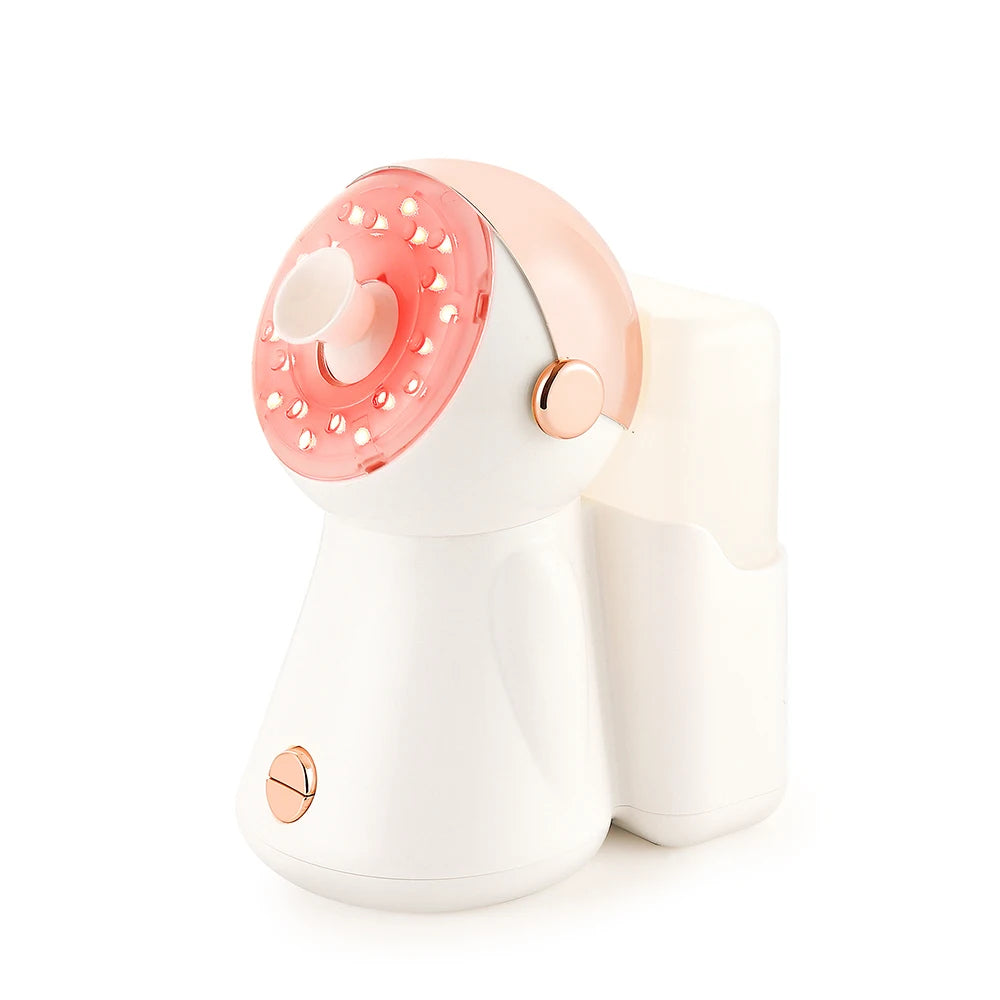 White and rose gold facial steamer with a circular LED light ring and water tank for at-home skincare.