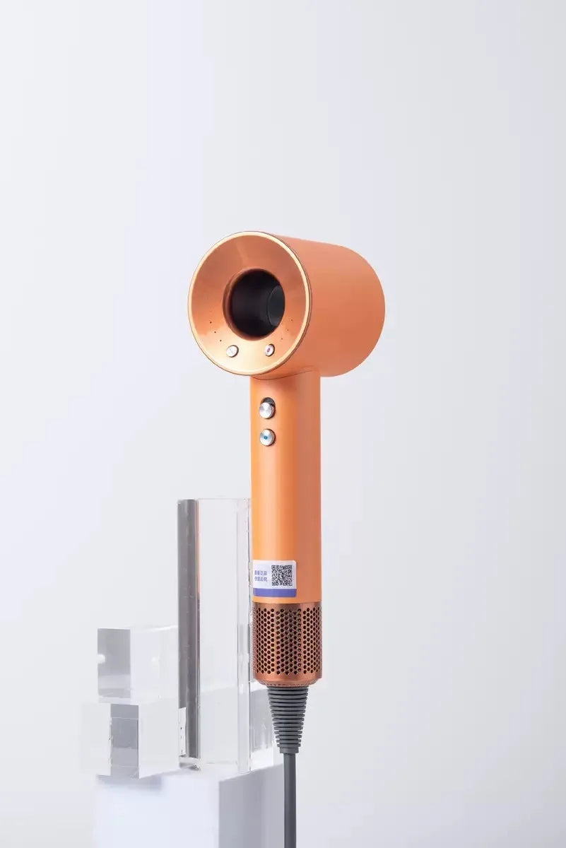 Orange high-speed negative ion bladeless hair dryer with metallic handle and magnetic attachments for fast drying.