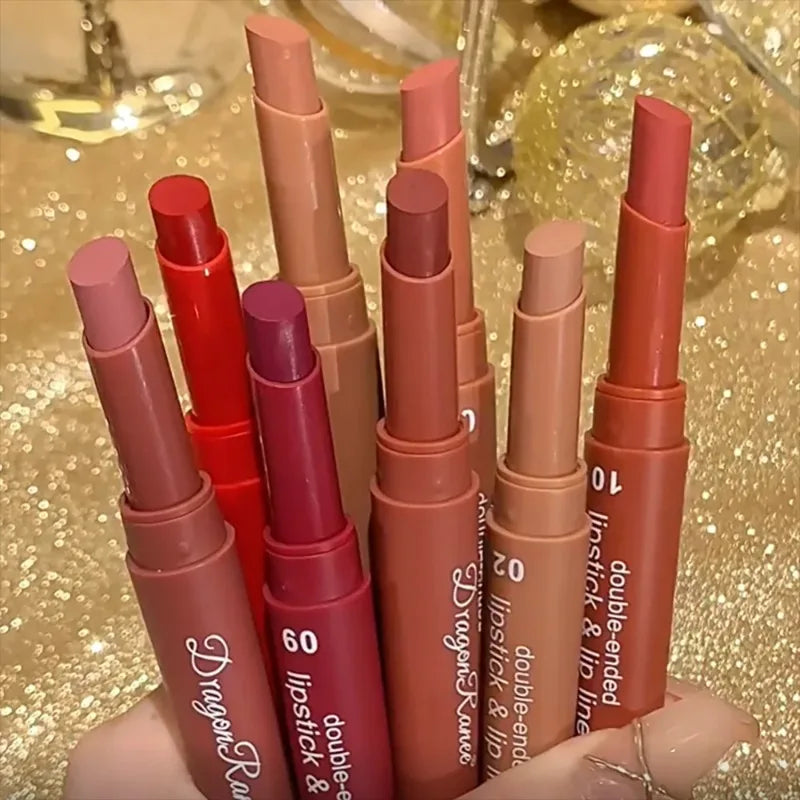 Assorted waterproof dual-ended matte lipsticks and liners in various nude, rose, and red shades for long-lasting wear.