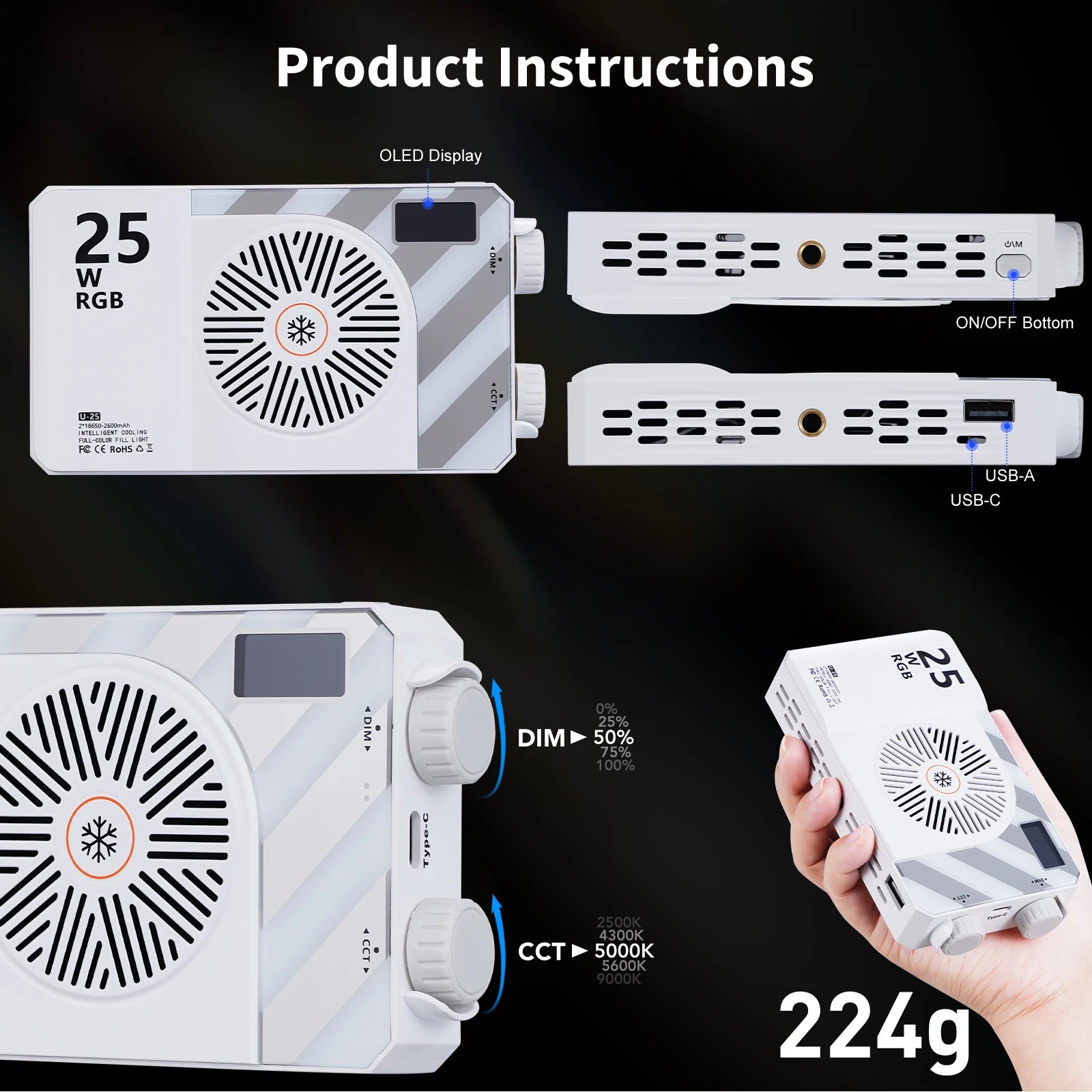 White 25W RGB LED video light with OLED screen, cooling fan, dial controls, and USB ports for portable photography use.