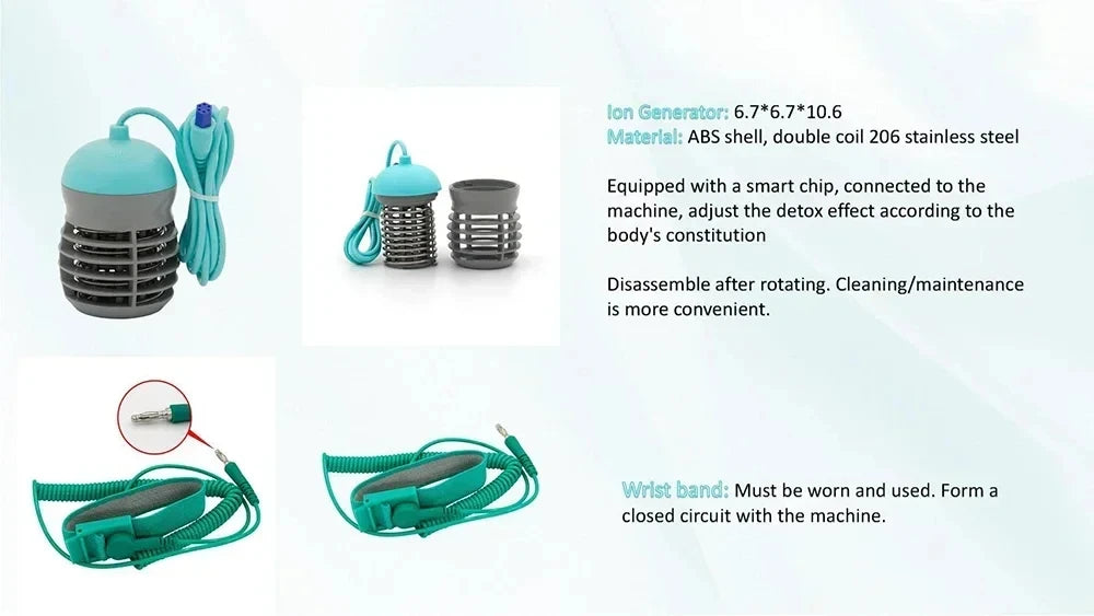 Ionic detox foot spa array with stainless steel coils and matching green wrist band for aqua health therapy machines.