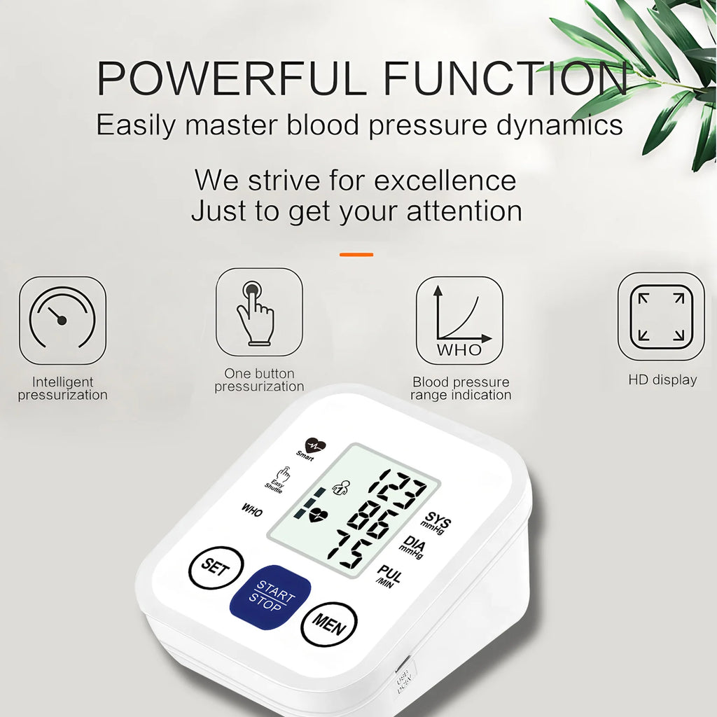 Upper Arm Digital Blood Pressure Monitor Automatic Home Medical BP Tensiometer Heart Rate Pulse Detector Large LCD Screen