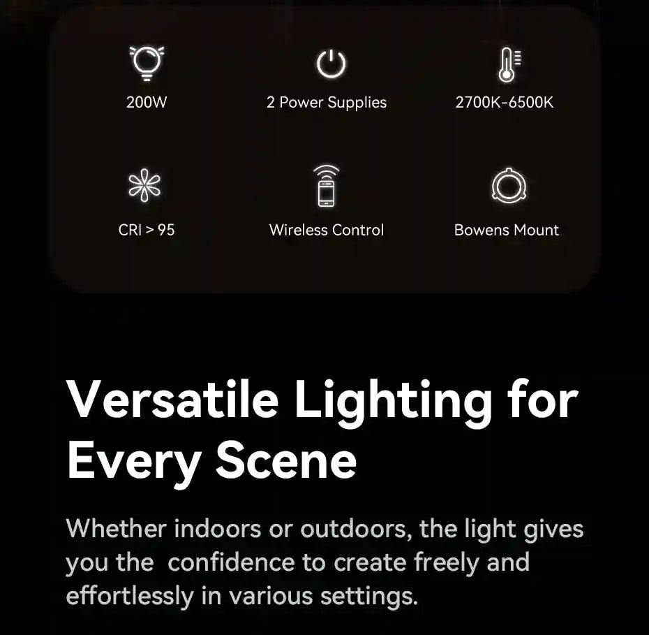 Technical specifications for a 200W photography light featuring wireless control, Bowens mount, and adjustable color