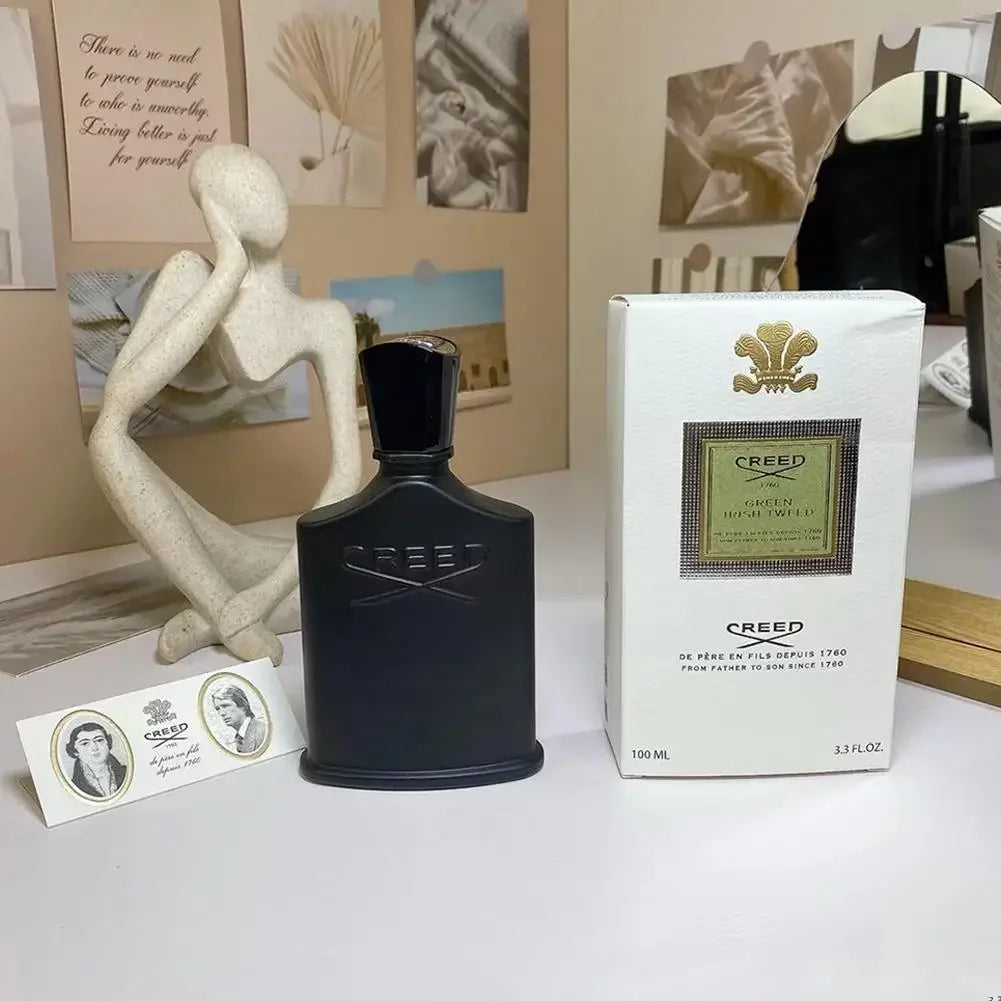 Creed Green Irish Tweed EDP for men: iconic black spray bottle and original 100ml fragrance box. Authentic luxury scent.