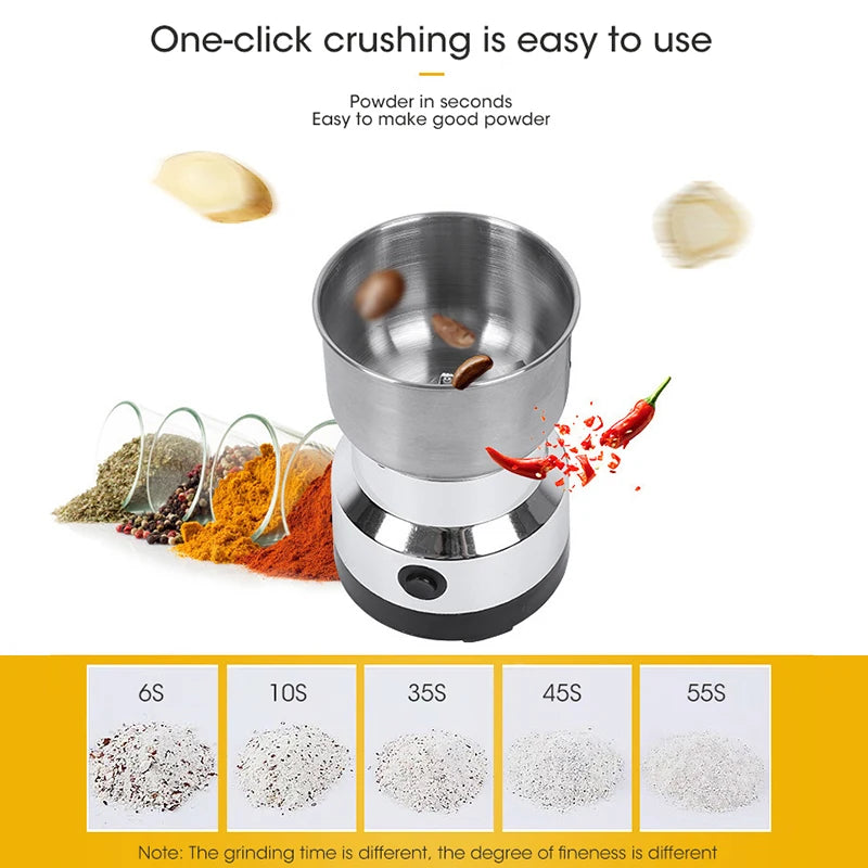 Silver stainless steel electric spice and coffee bean grinder with one-click crushing and variable grind settings.