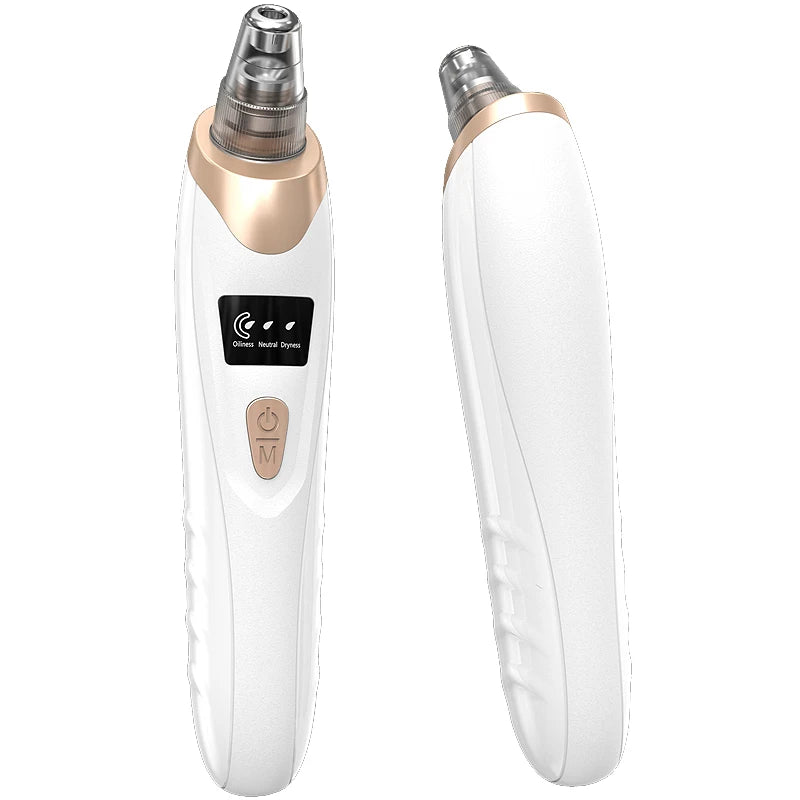 White and rose gold handheld electric pore vacuum for facial skincare with digital display and power button.