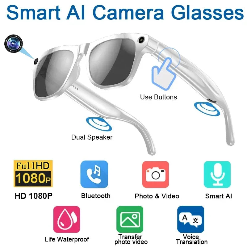 Smart Glasses AI Camera with Bluetooth Audio and Voice Translation White Tidesmit