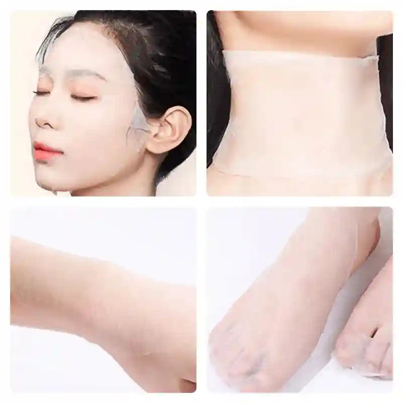 Thin, white, disposable cotton mask sheets applied to the face, neck, arm, and foot for skincare.