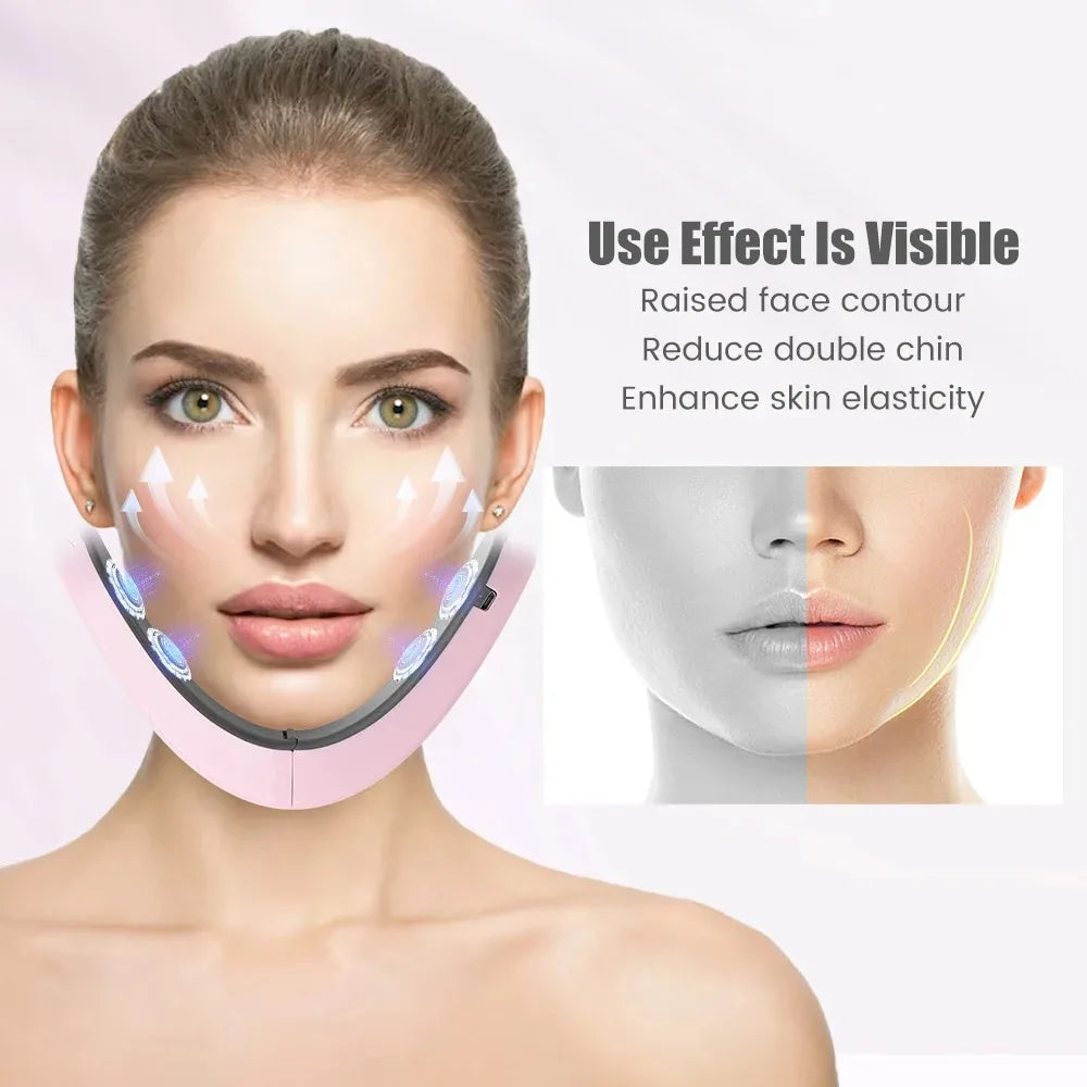 A woman wearing a pink, U-shaped electronic facial lifting device around her chin with light-up micro-current nodes.