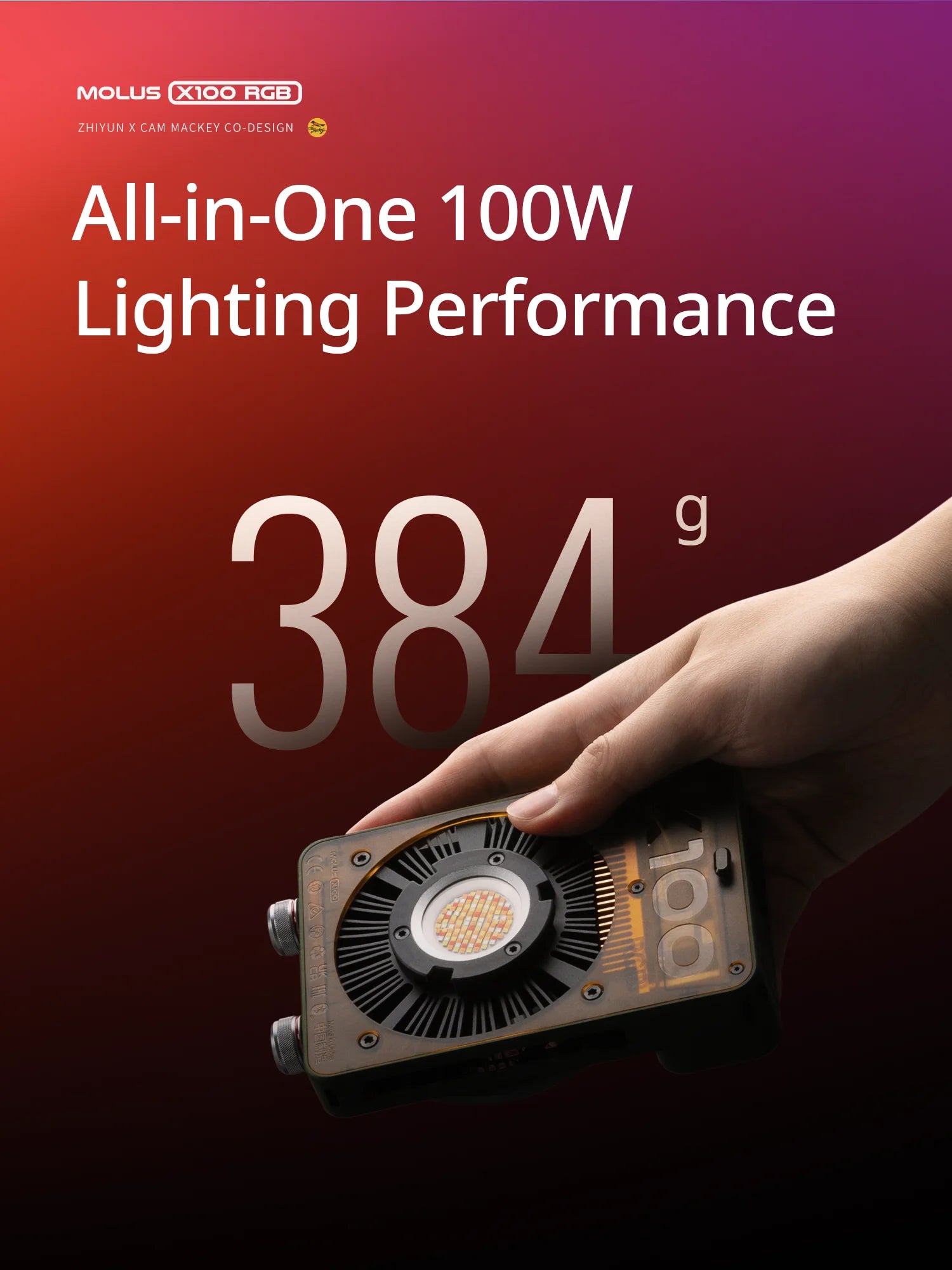 Handheld 100W RGB LED video light with a black, compact square design, visible internal cooling fan, and metal finish.