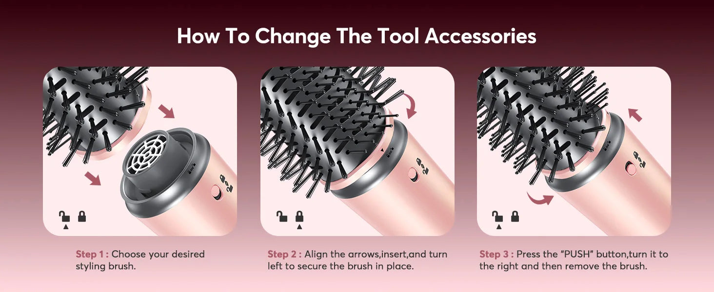 How to change attachments on 5-in-1 rose gold hot air styler brush with easy-to-use secure locking mechanism.