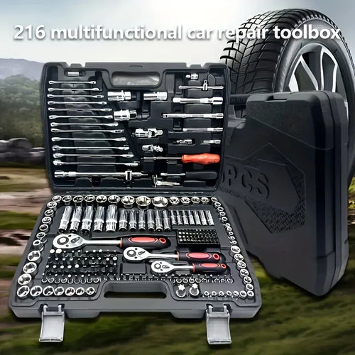 Open 46-piece car repair tool case with chrome sockets and orange-handled ratchet
