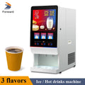 Forward white commercial 3-flavor soy milk and hot drinks machine with digital touchscreen display and paper cup.