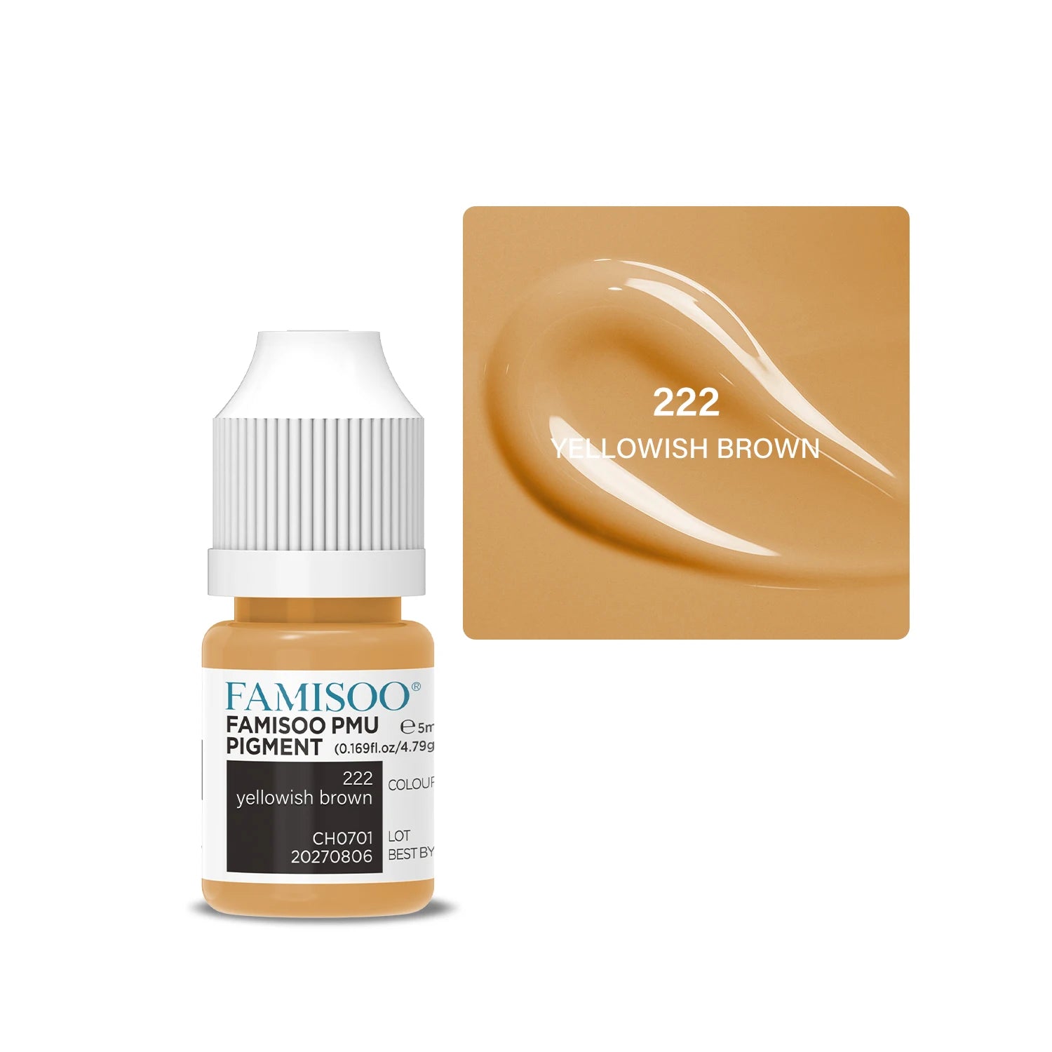 5ml yellowish brown PMU pigment bottle for permanent makeup with a matching color swatch.