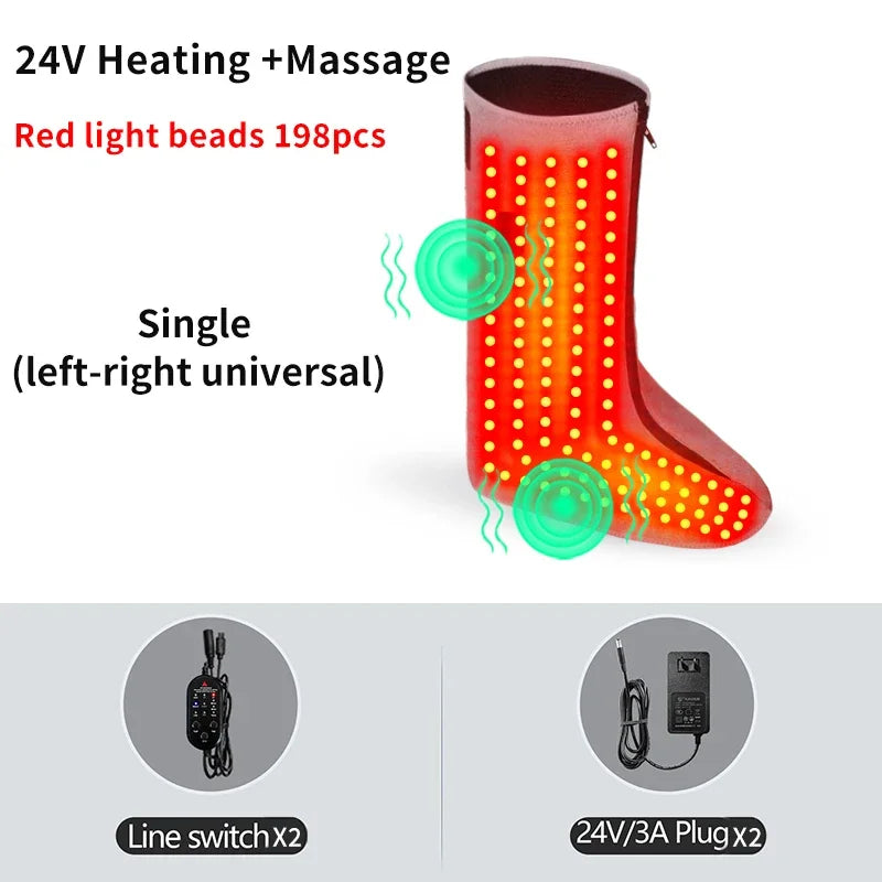 Full-wrap heated leg and foot massager with 198 red light therapy beads for circulation, warmth, and pain relief.