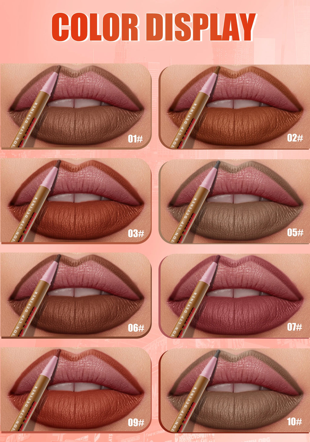 8-color waterproof matte lip liner pencil set showing natural shades on lips for defined, long-lasting lip makeup.