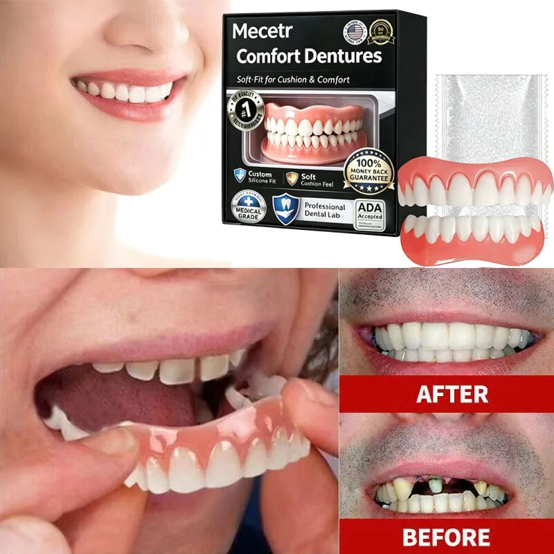 Ultra Realistic Full Mouth Fake Teeth, Flexible Silicone Upper & Lower Dentures, Ergonomic Fit Regain Confidence Easily