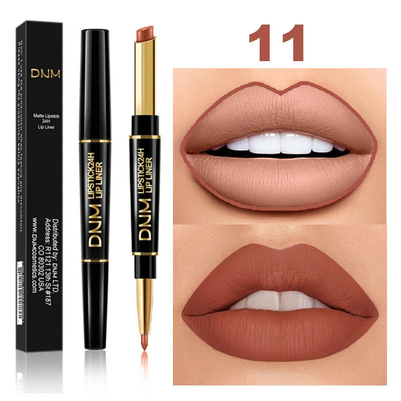 DNM 2-in-1 waterproof matte lipstick and lip liner pencil in nude shade with long-lasting creamy finish.