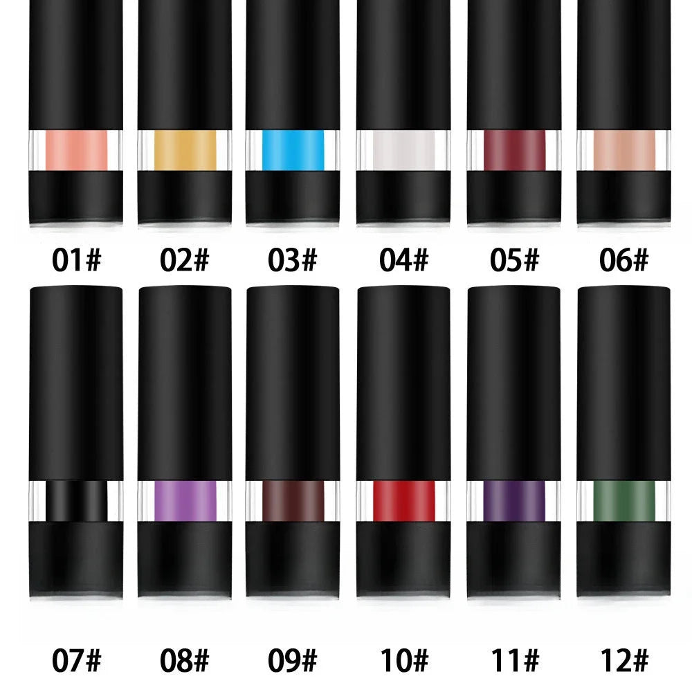 12-color waterproof matte lipstick set featuring wine red, black, white, and vibrant shades in sleek black tubes.
