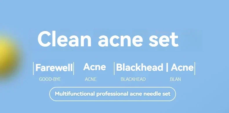 Blue promotional graphic for a professional acne needle set with white text, including "Clean acne set" as a title.